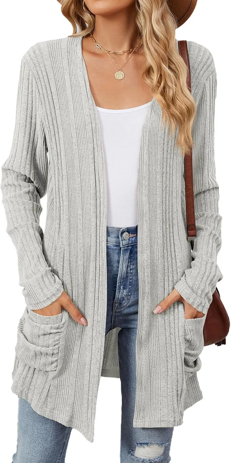 Women's Long Sleeve Open Front Cardigan Cable Knit Chunky Sweaters Casual Loose Lightweight Cardigans with Pockets