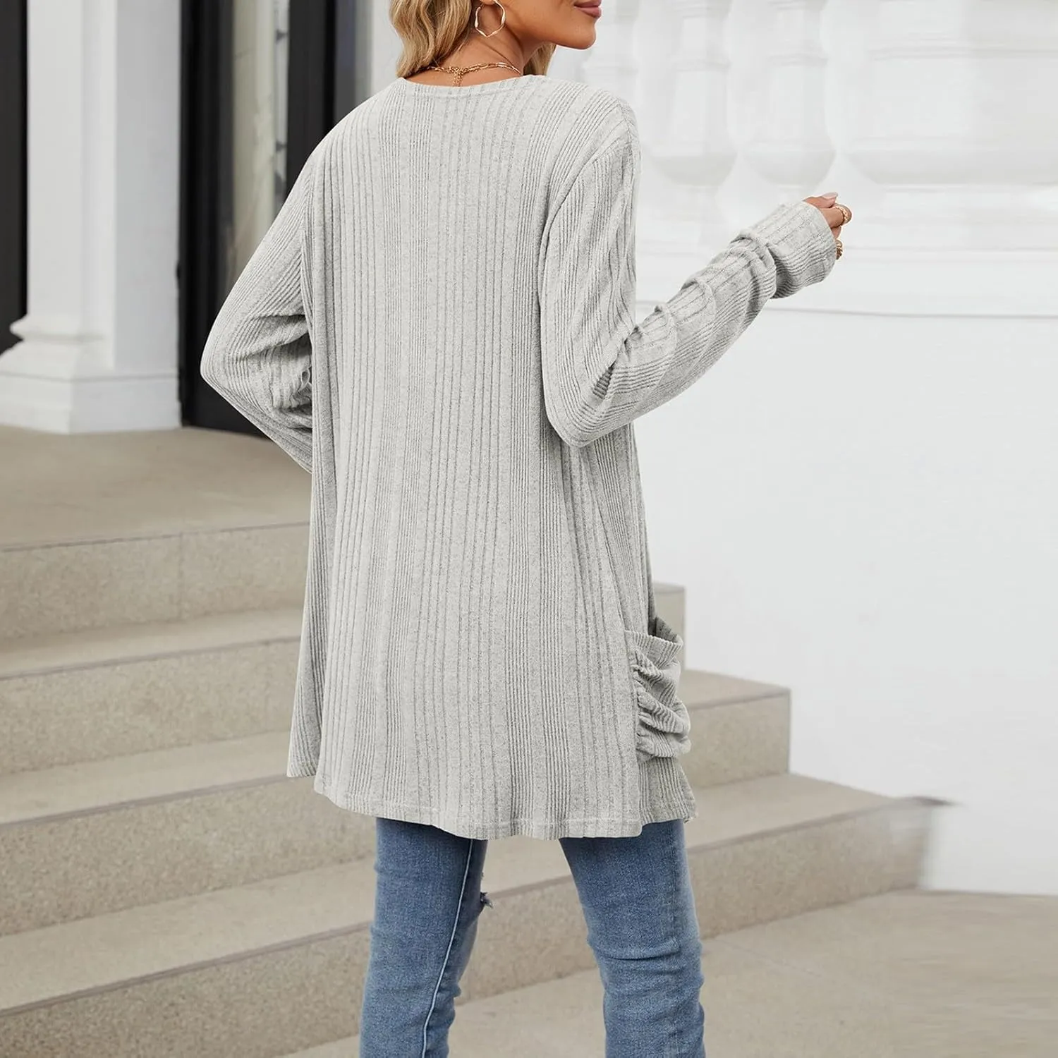Women's Long Sleeve Open Front Cardigan Cable Knit Chunky Sweaters Casual Loose Lightweight Cardigans with Pockets