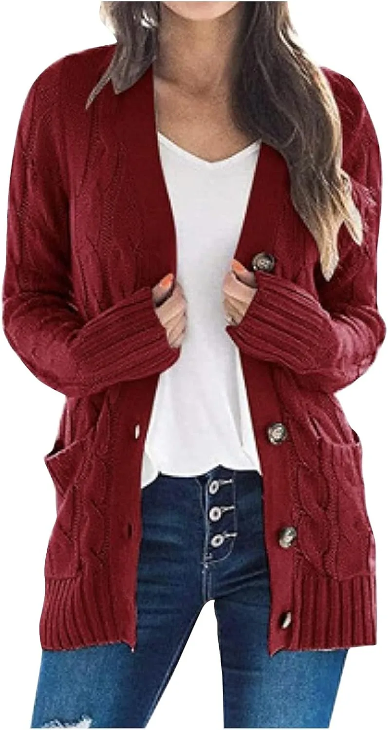 Women's Long Sleeve Open Front Knitted Cardigan Sweater, Button Down Chunky Pullover Outwear Coat