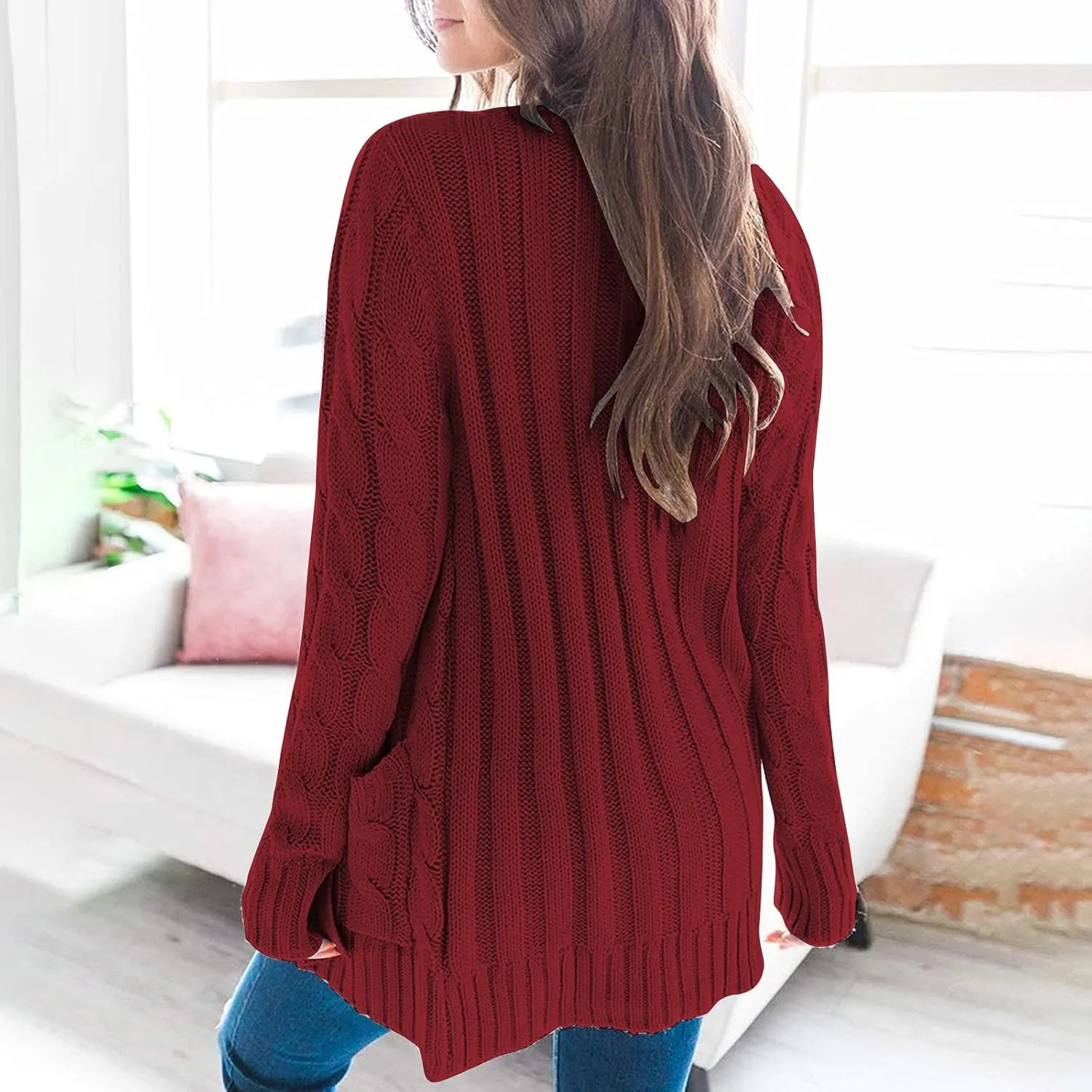 Women's Long Sleeve Open Front Knitted Cardigan Sweater, Button Down Chunky Pullover Outwear Coat