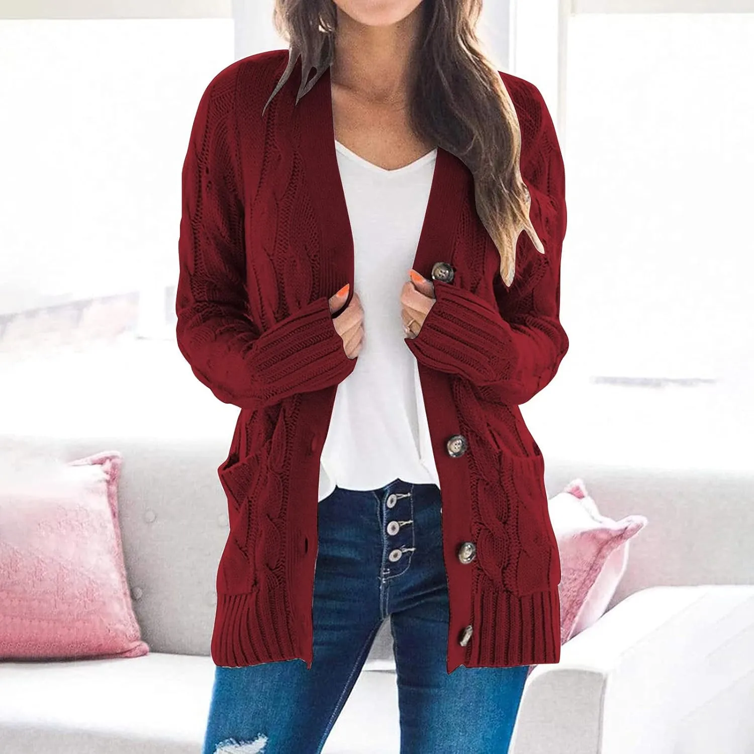Women's Long Sleeve Open Front Knitted Cardigan Sweater, Button Down Chunky Pullover Outwear Coat