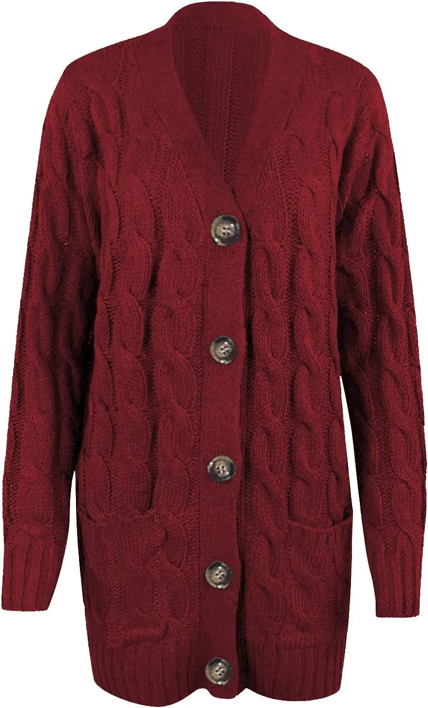 Women's Long Sleeve Open Front Knitted Cardigan Sweater, Button Down Chunky Pullover Outwear Coat