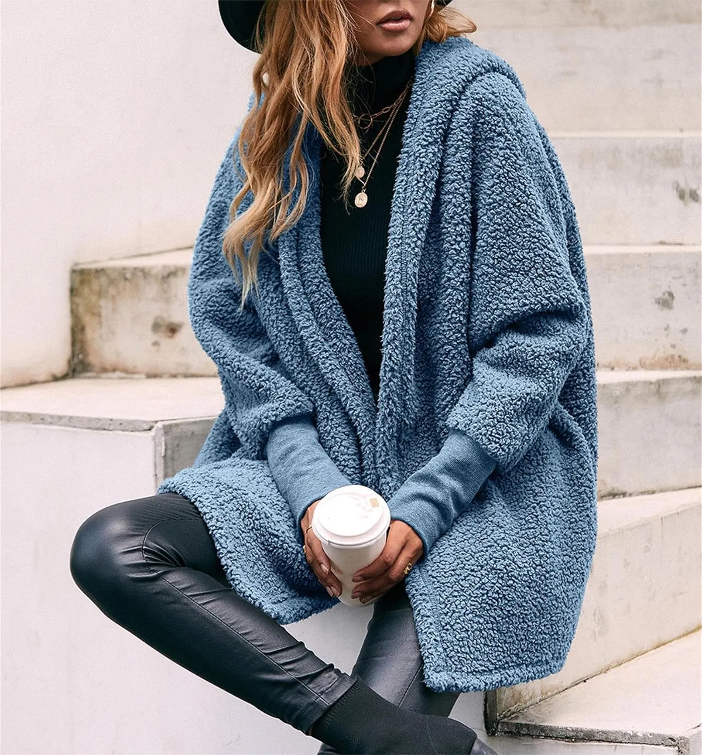 Women's Long Sleeve Soft Chunky Knit Sweater Open Front Cardigans Outwear Coat Pockets