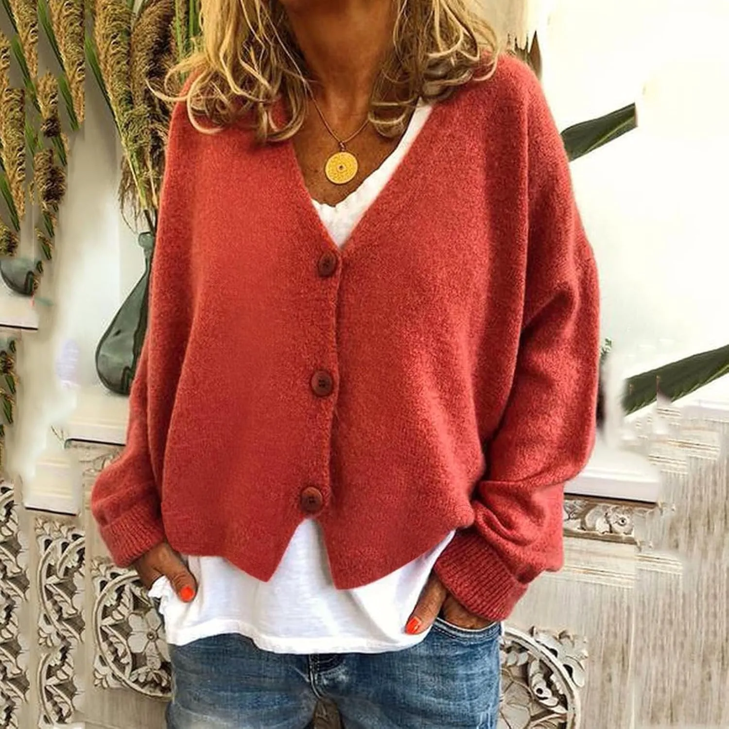 Women's Long Sleeve V-Neck Cardigans Soft Open Front Sweater Comfortable Loose Button Casual Fall Clothes