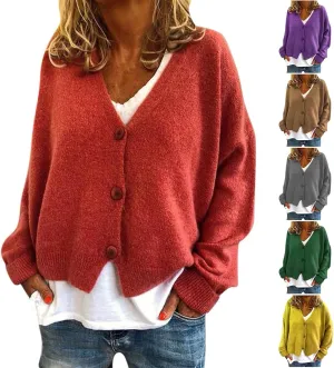 Women's Long Sleeve V-Neck Cardigans Soft Open Front Sweater Comfortable Loose Button Casual Fall Clothes
