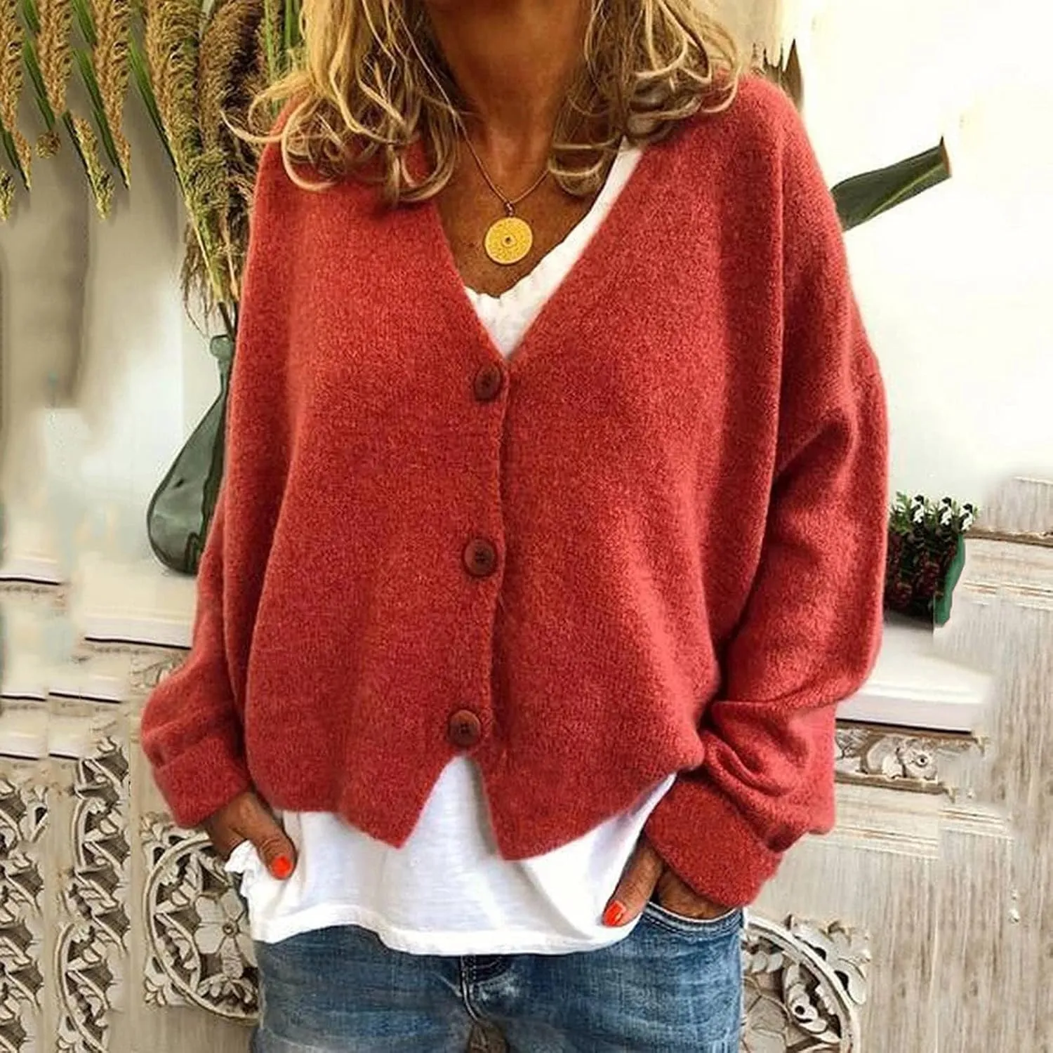 Women's Long Sleeve V-Neck Cardigans Soft Open Front Sweater Comfortable Loose Button Casual Fall Clothes