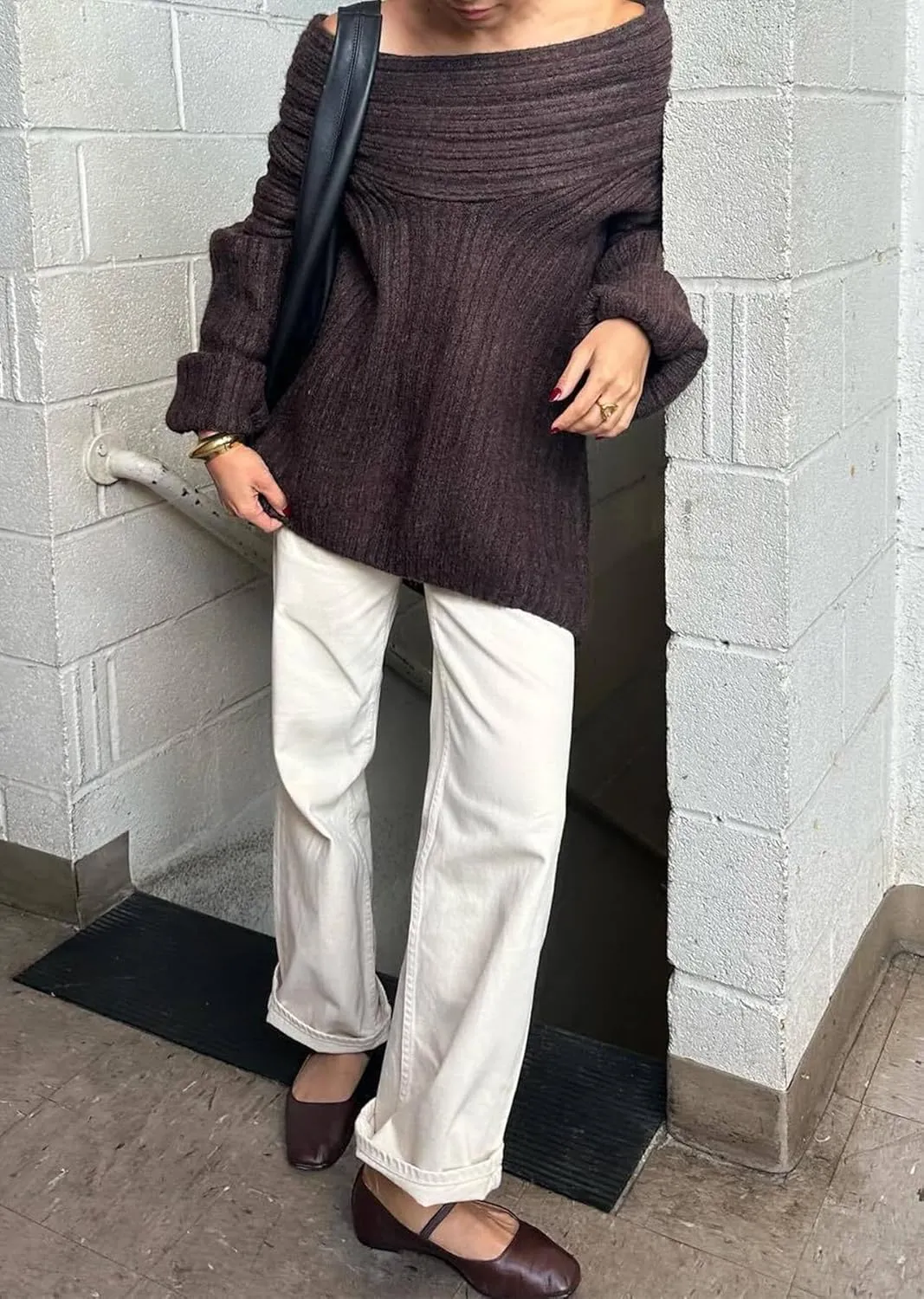 Women's Off The Shoulder Sweater Oversized Batwing Long Sleeve Loose Chunky Knit Pullover Sweaters Top