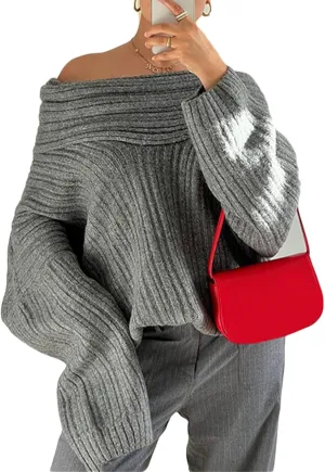 Women's Off The Shoulder Sweater Oversized Batwing Long Sleeve Loose Chunky Knit Pullover Sweaters Top