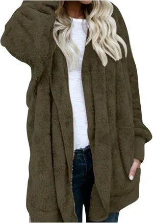 Womens Open Front Cardigan Oversized Fleece Sherpa Jacket with Hooded Fluffy Fur Coats with Pockets