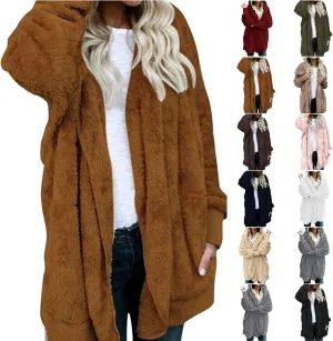 Womens Open Front Cardigan Oversized Fleece Sherpa Jacket with Hooded Fluffy Fur Coats with Pockets