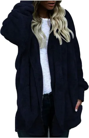 Womens Open Front Cardigan Oversized Fleece Sherpa Jacket with Hooded Fluffy Fur Coats with Pockets