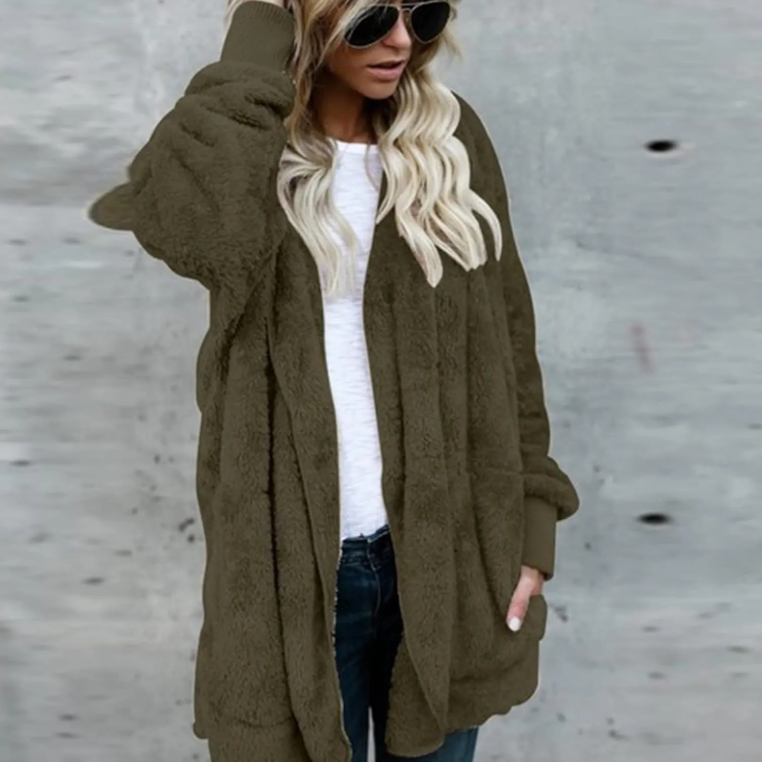 Womens Open Front Cardigan Oversized Fleece Sherpa Jacket with Hooded Fluffy Fur Coats with Pockets