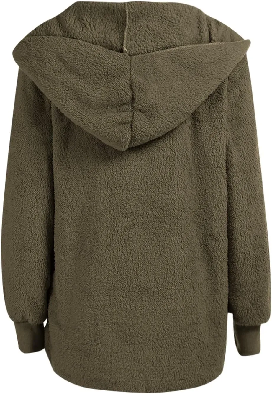 Womens Open Front Cardigan Oversized Fleece Sherpa Jacket with Hooded Fluffy Fur Coats with Pockets