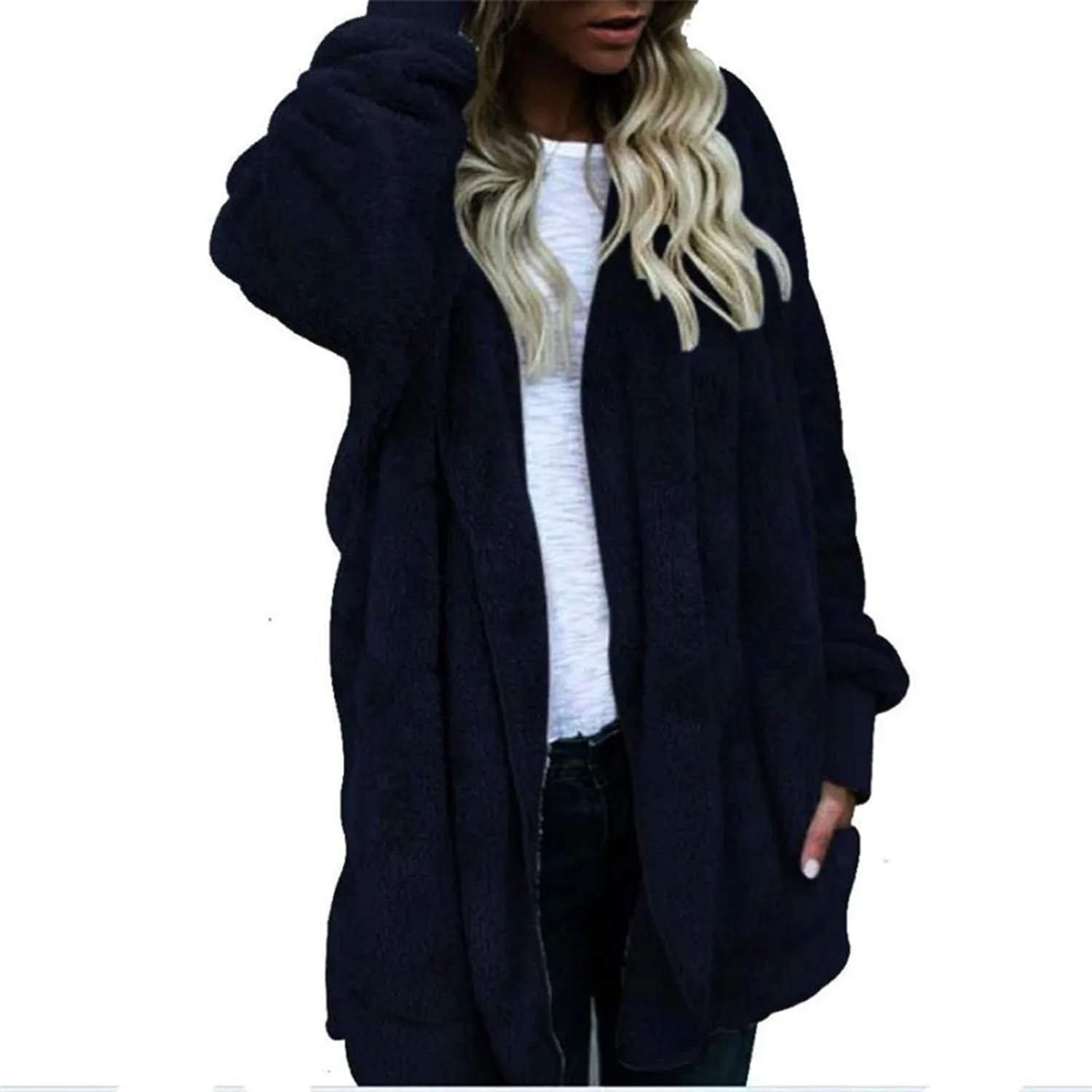 Womens Open Front Cardigan Oversized Fleece Sherpa Jacket with Hooded Fluffy Fur Coats with Pockets