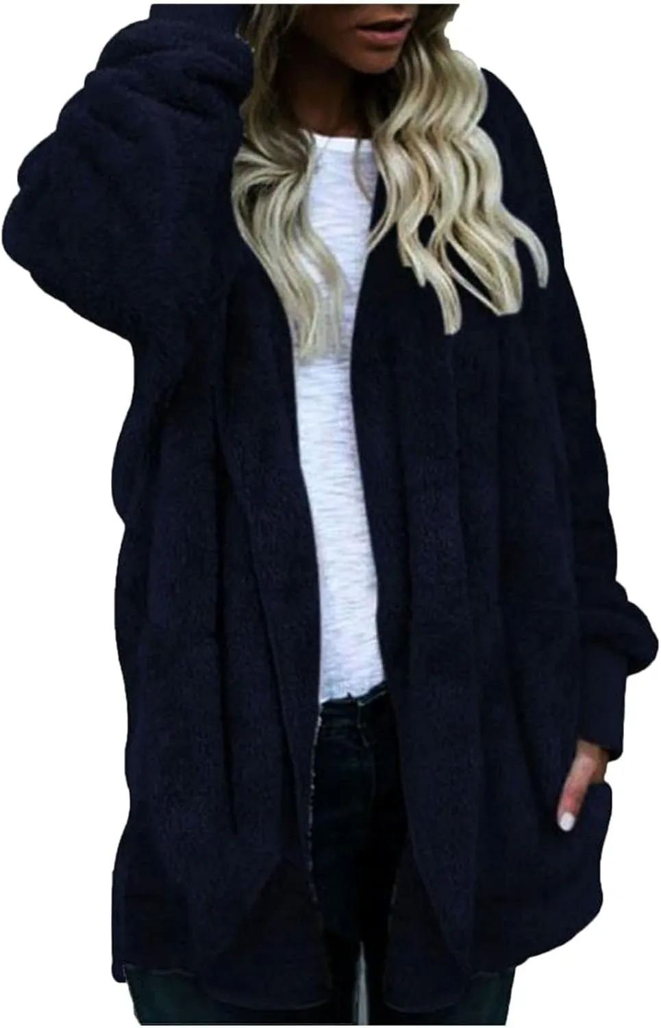 Womens Open Front Cardigan Oversized Fleece Sherpa Jacket with Hooded Fluffy Fur Coats with Pockets