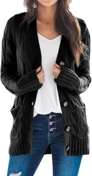 Womens Open Front Cardigan Sweater Cable Knit Chunky Outerwear Coats Button Down Cardigans