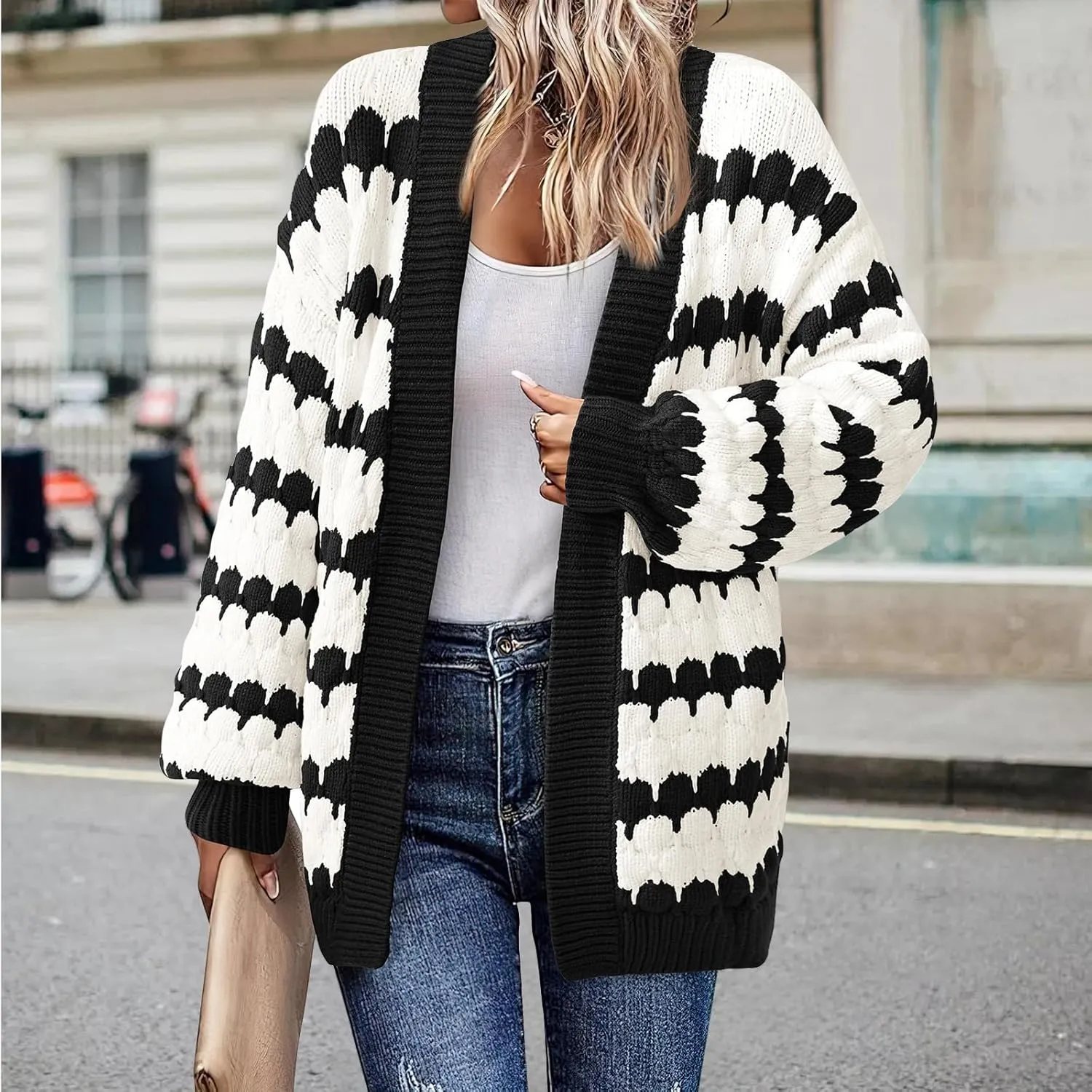 Womens Open Front Cardigan Sweater Oversized Chunky Lantern Sleeve Striped Color Block Sweater Coats