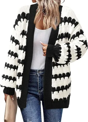 Womens Open Front Cardigan Sweater Oversized Chunky Lantern Sleeve Striped Color Block Sweater Coats