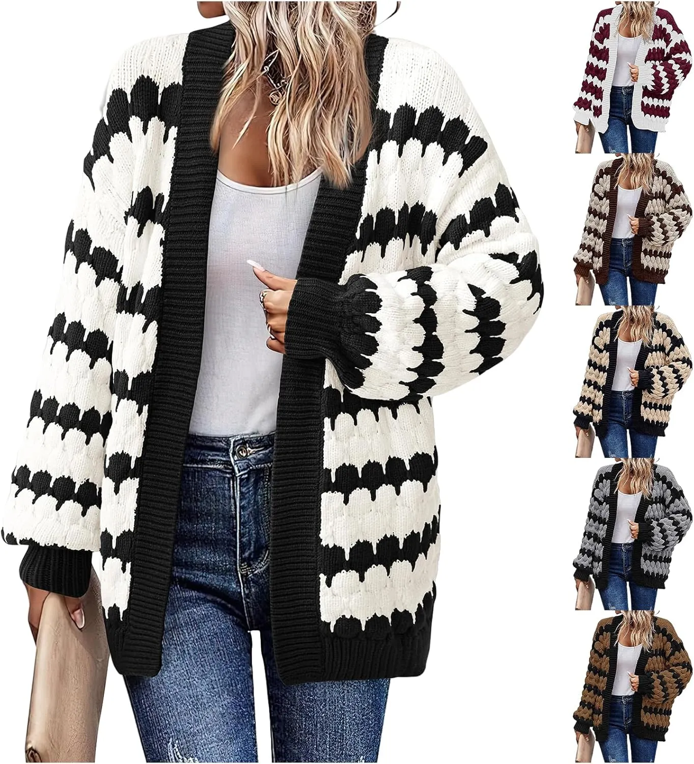 Womens Open Front Cardigan Sweater Oversized Chunky Lantern Sleeve Striped Color Block Sweater Coats