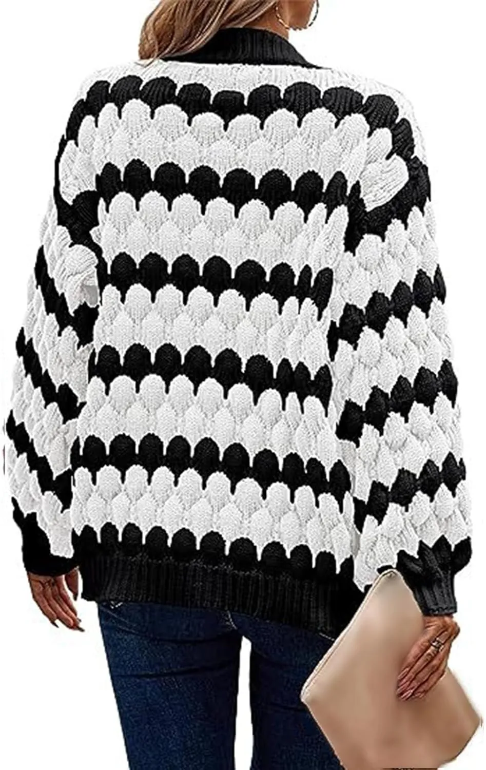 Womens Open Front Cardigan Sweater Oversized Chunky Lantern Sleeve Striped Color Block Sweater Coats