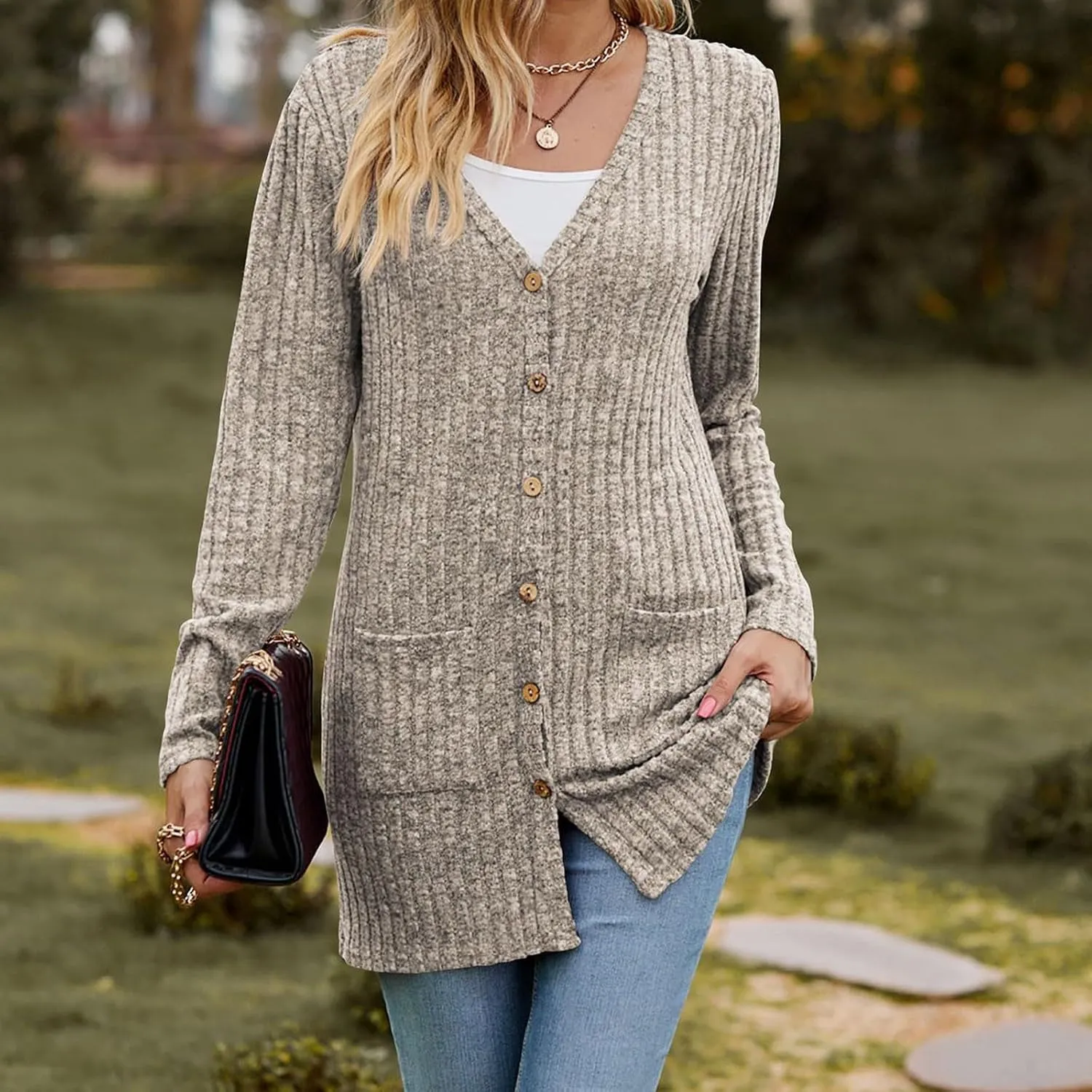 Women's Open Front Lightweight Cardigan 2024 Fall Casual Long Sleeve Knit Sweater Button Down Loose Outwear Coats