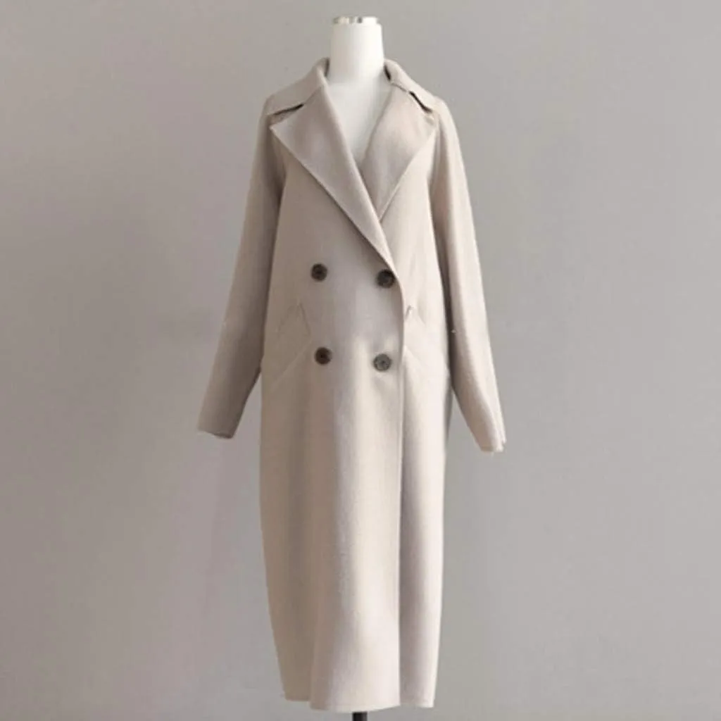 Womens Oversize Lapel Wool Blend Belt Trench Coat Outwear Jacket Warm Sweaters Mom