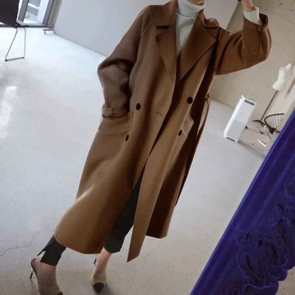 Womens Oversize Lapel Wool Blend Belt Trench Coat Outwear Jacket Warm Sweaters Mom