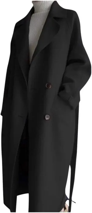 Womens Oversize Lapel Wool Blend Belt Trench Coat Outwear Jacket Warm Sweaters Mom