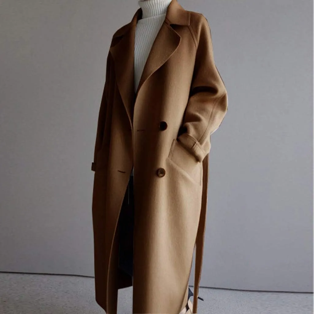 Womens Oversize Lapel Wool Blend Belt Trench Coat Outwear Jacket Warm Sweaters Mom