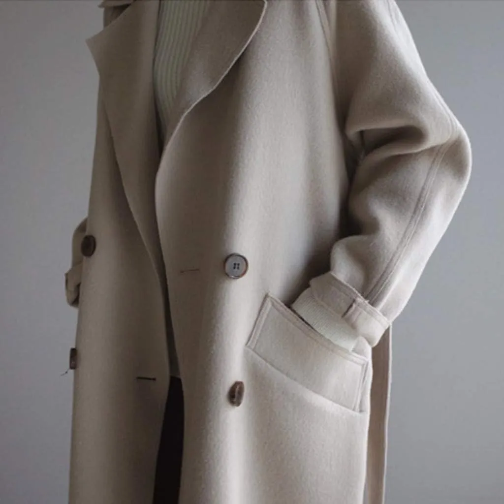 Womens Oversize Lapel Wool Blend Belt Trench Coat Outwear Jacket Warm Sweaters Mom