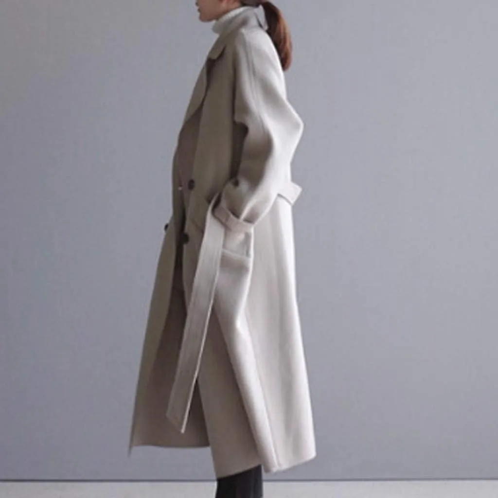 Womens Oversize Lapel Wool Blend Belt Trench Coat Outwear Jacket Warm Sweaters Mom