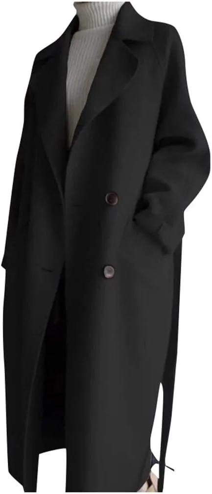 Womens Oversize Lapel Wool Blend Belt Trench Coat Outwear Jacket Warm Sweaters Mom