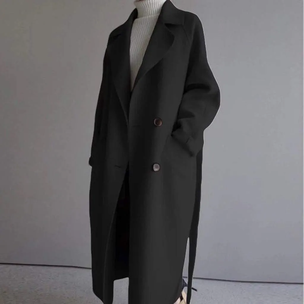 Womens Oversize Lapel Wool Blend Belt Trench Coat Outwear Jacket Warm Sweaters Mom