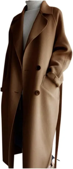 Womens Oversize Lapel Wool Blend Belt Trench Coat Outwear Jacket Warm Sweaters Mom
