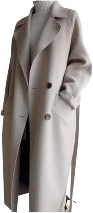 Womens Oversize Lapel Wool Blend Belt Trench Coat Outwear Jacket Warm Sweaters Mom