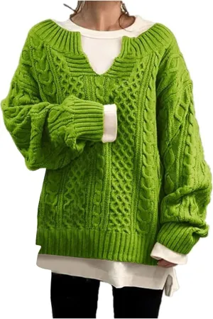 Women's Oversized Off Shoulder Cable Knit V Neck Long Sleeve Sweaters Pullover Loose Fitting Jumper Tops Plus Size