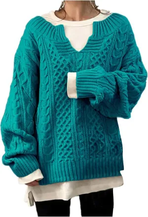 Women's Oversized Off Shoulder Cable Knit V Neck Long Sleeve Sweaters Pullover Loose Fitting Jumper Tops Plus Size