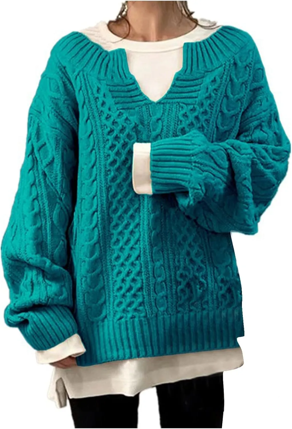 Women's Oversized Off Shoulder Cable Knit V Neck Long Sleeve Sweaters Pullover Loose Fitting Jumper Tops Plus Size