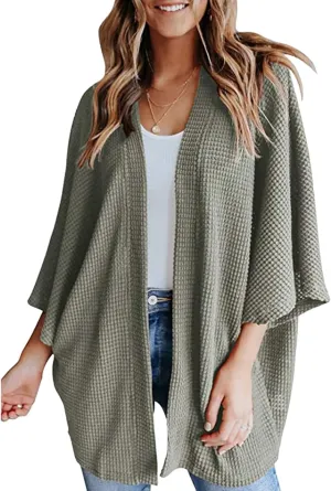 Womens Oversized Waffle Knit Sweater 3/4 Batwing Sleeve Cardigan Casual Open Front Tops Solid Colors