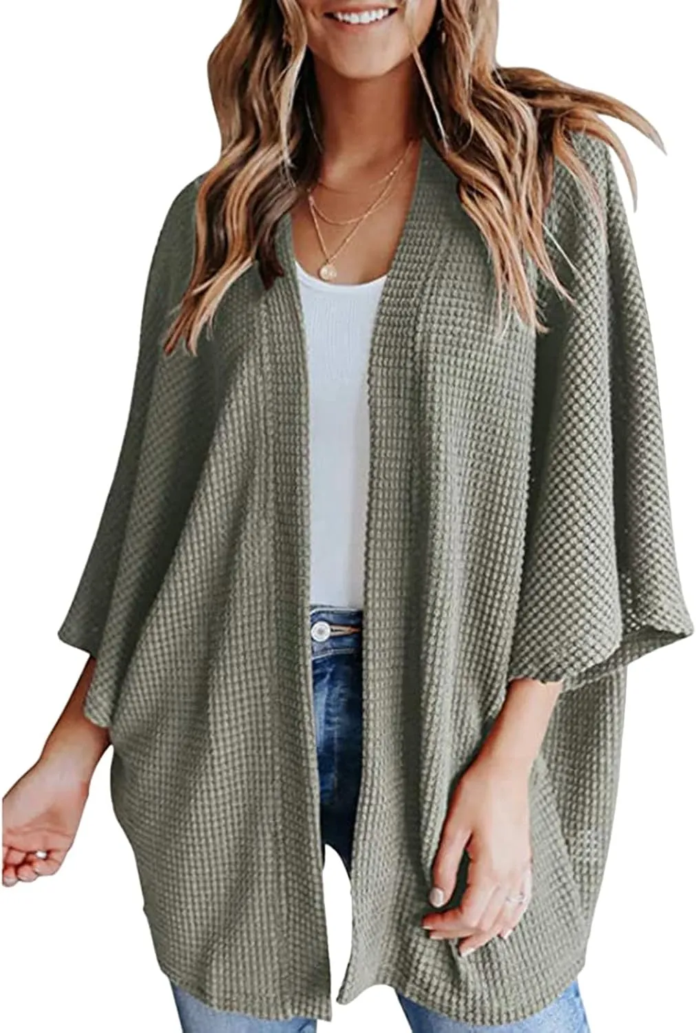 Womens Oversized Waffle Knit Sweater 3/4 Batwing Sleeve Cardigan Casual Open Front Tops Solid Colors