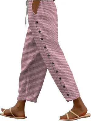 Women's Pants, Linen Casual Pants Straight Leg Trendy Peasant Plaid Cotton Stretchy