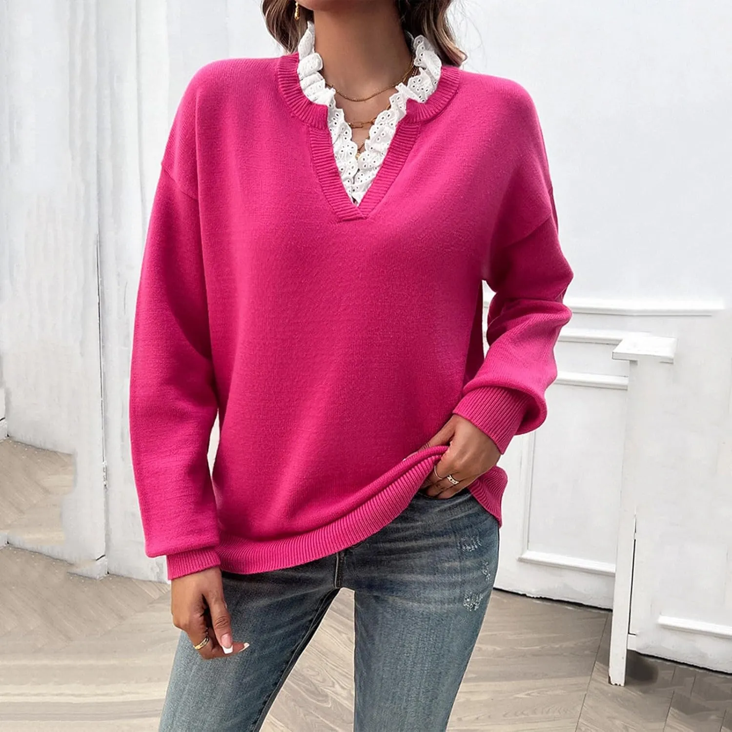 Womens Pullover Sweaters Cropped Lapel Collar V Neck Chunky Knitted Casual Slouchy Loose Jumper Tops Plus Size