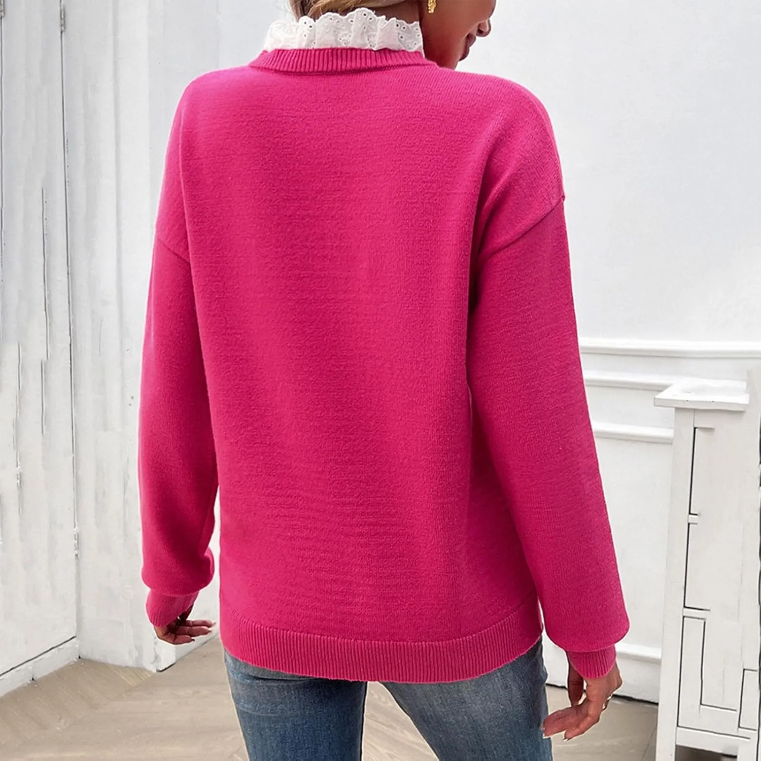 Womens Pullover Sweaters Cropped Lapel Collar V Neck Chunky Knitted Casual Slouchy Loose Jumper Tops Plus Size