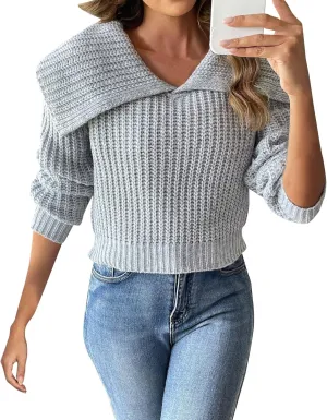 Womens Pullover Sweaters Cropped Lapel Collar V Neck Chunky Knitted Casual Slouchy Loose Jumper Tops Plus Size