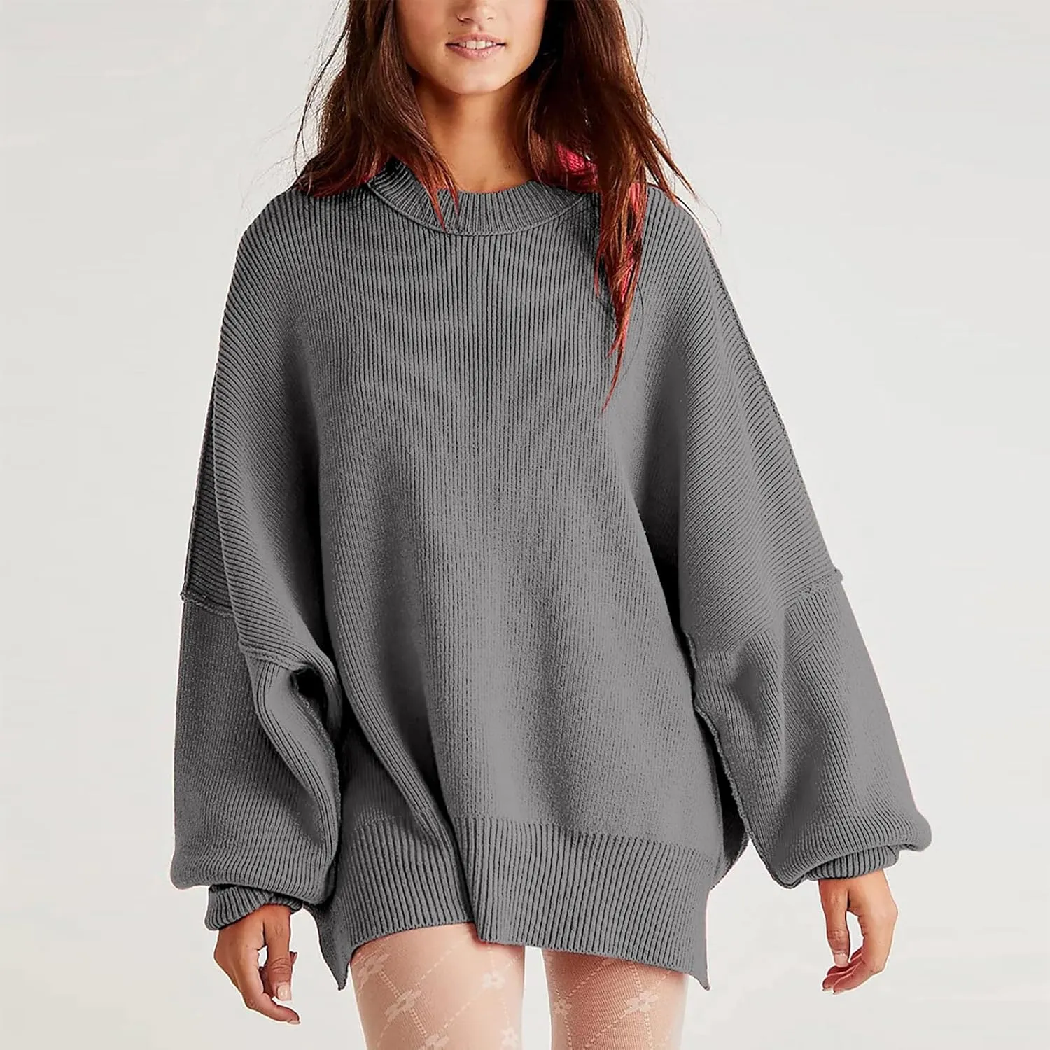 Women's Pullover Sweaters Solid Color Cable Knit Sweater Women Crew Neck Jumper Sweatshirt Batwing Tops for Women