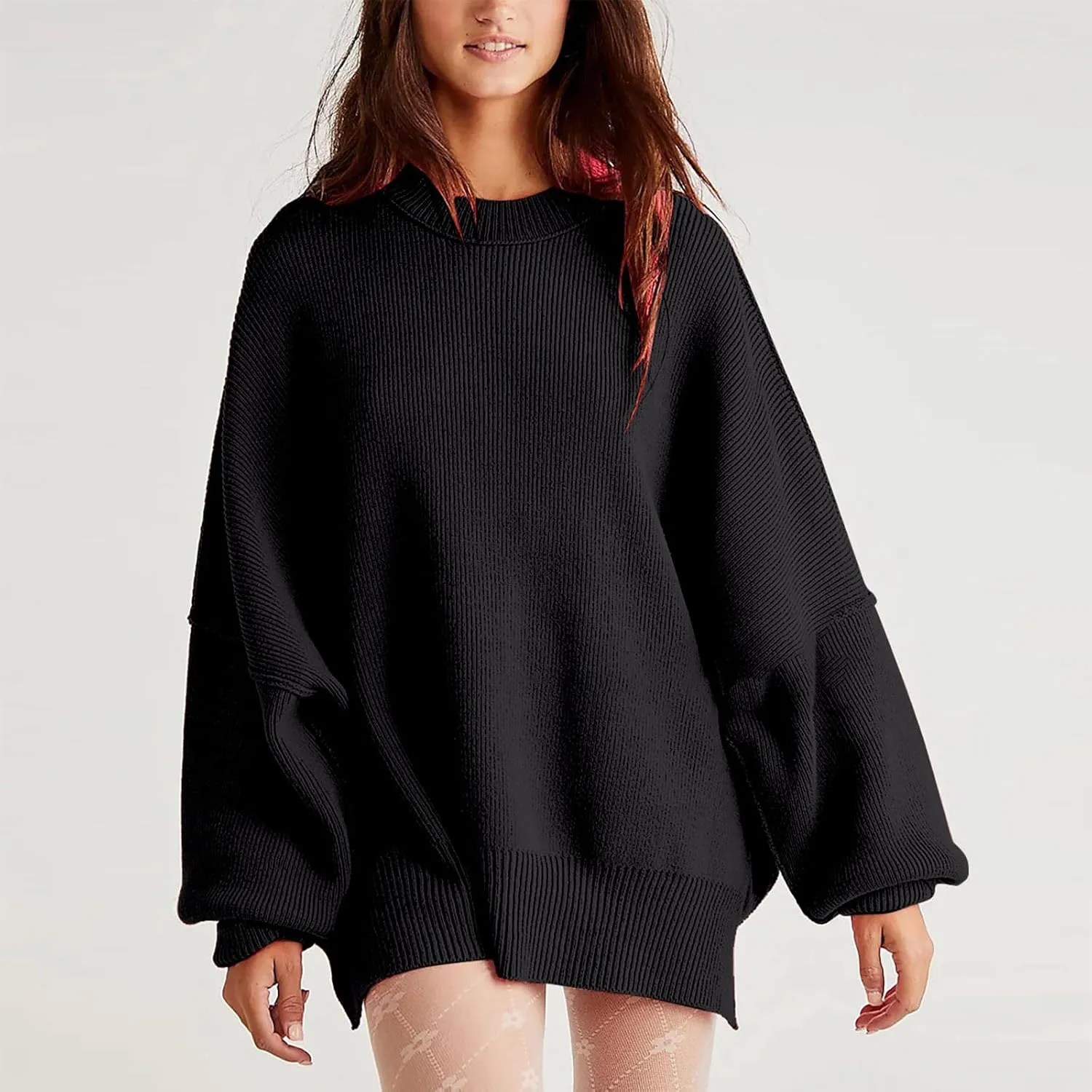Women's Pullover Sweaters Solid Color Cable Knit Sweater Women Crew Neck Jumper Sweatshirt Batwing Tops for Women