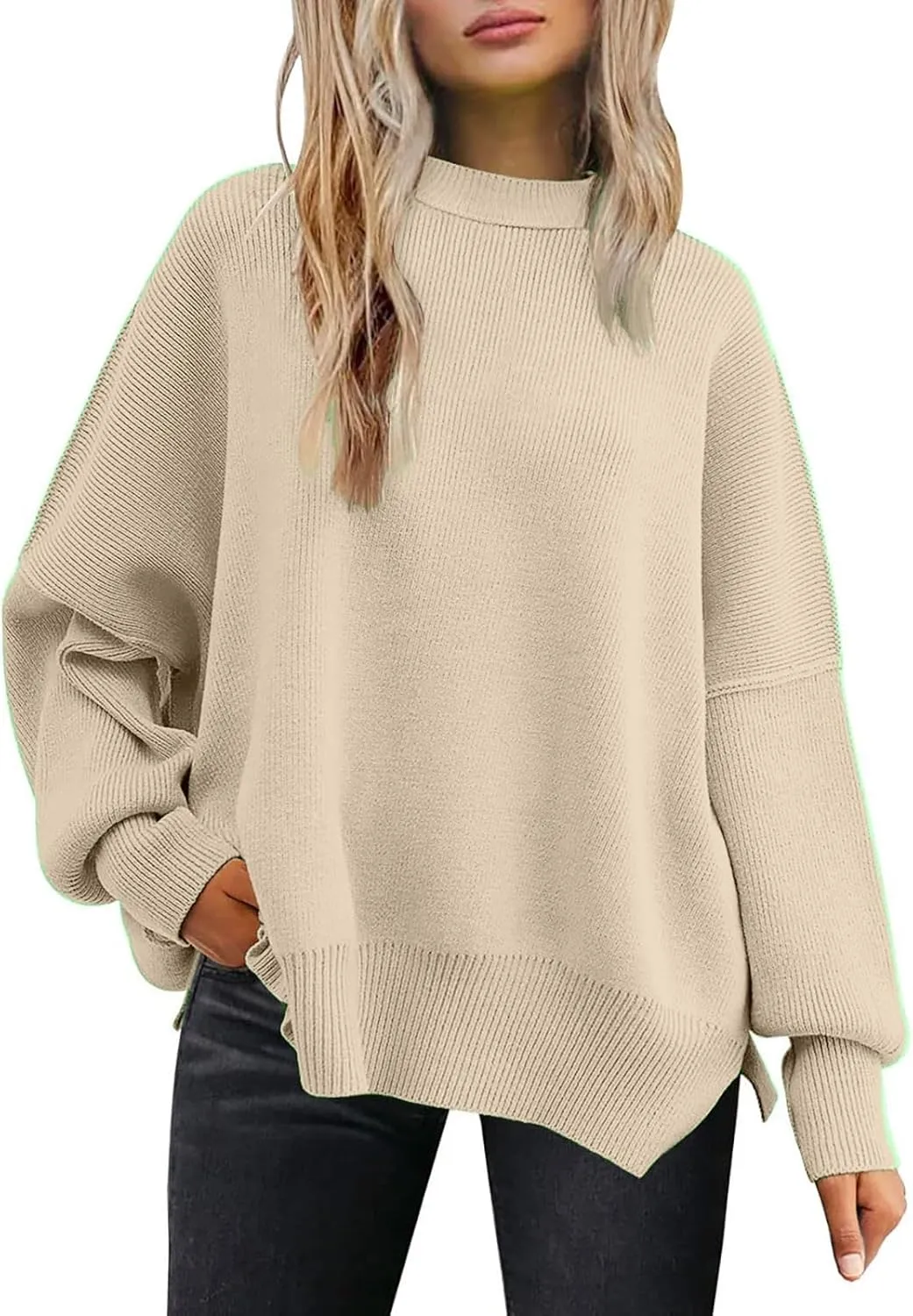 Women's Pullover Sweaters Solid Color Cable Knit Sweater Women Crew Neck Jumper Sweatshirt Batwing Tops for Women