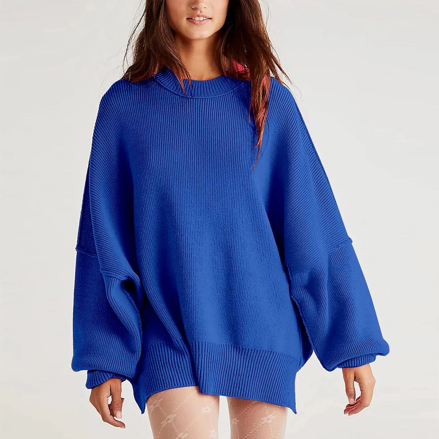 Women's Pullover Sweaters Solid Color Cable Knit Sweater Women Crew Neck Jumper Sweatshirt Batwing Tops for Women