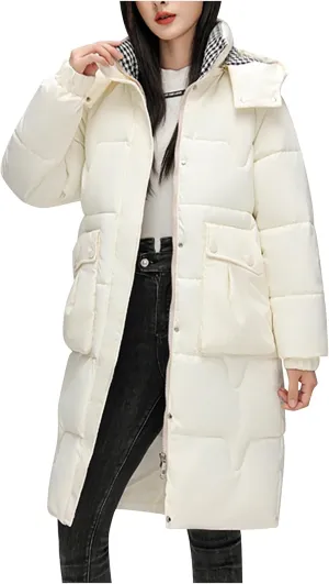 Womens Quilted Hooded Down Jacket Midium Length Plus Size Lightweight Puffer Coat Winter Warm Outfit with Pockets