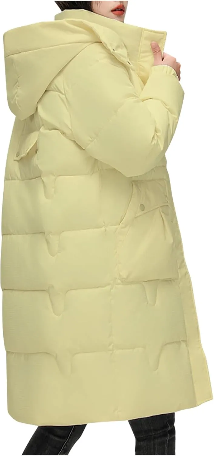 Womens Quilted Hooded Down Jacket Midium Length Plus Size Lightweight Puffer Coat Winter Warm Outfit with Pockets